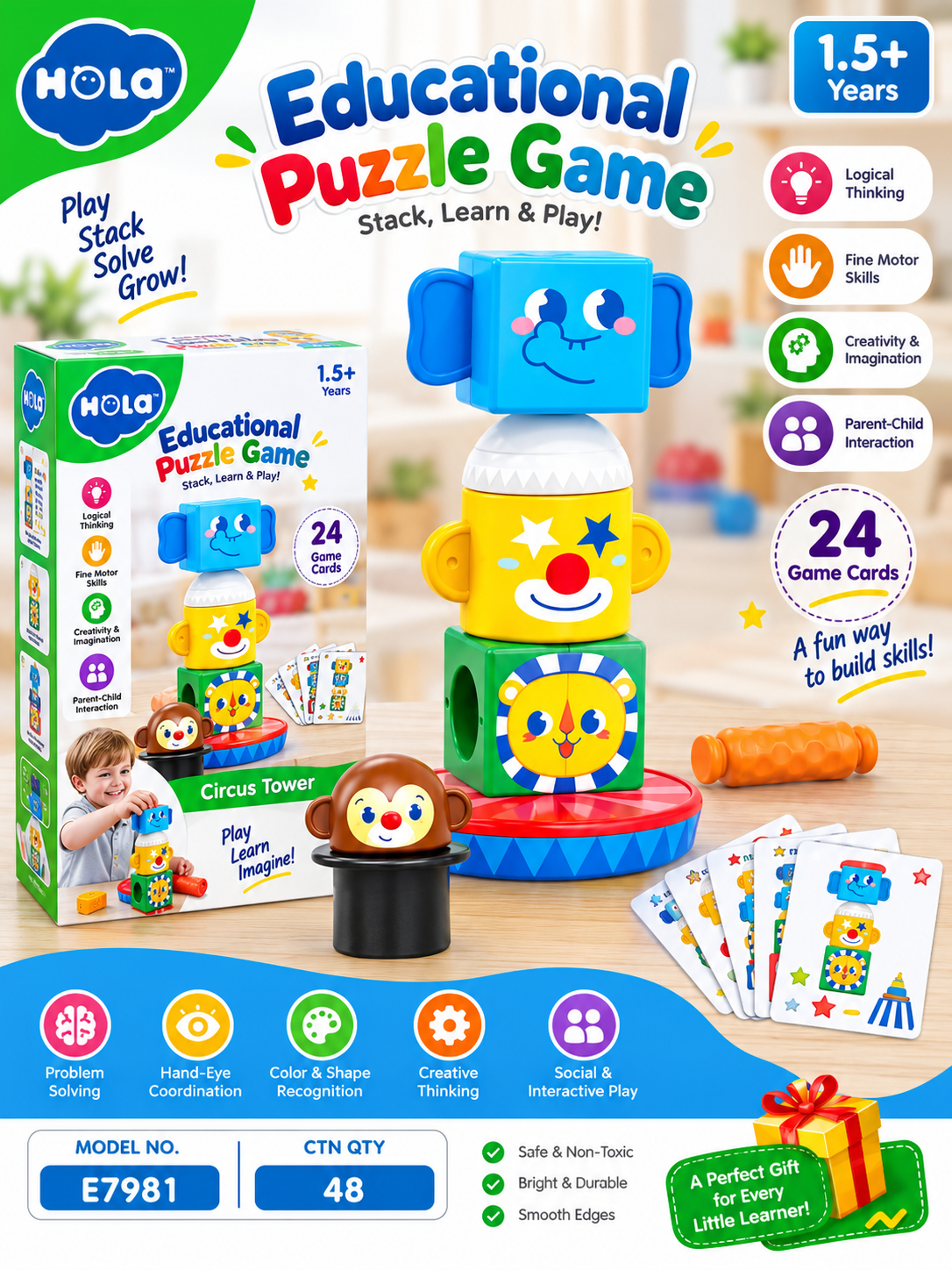 Hola Circus Tower Educational Puzzle Game 1.5+ – 24 Cards Stacking & Learning Toy