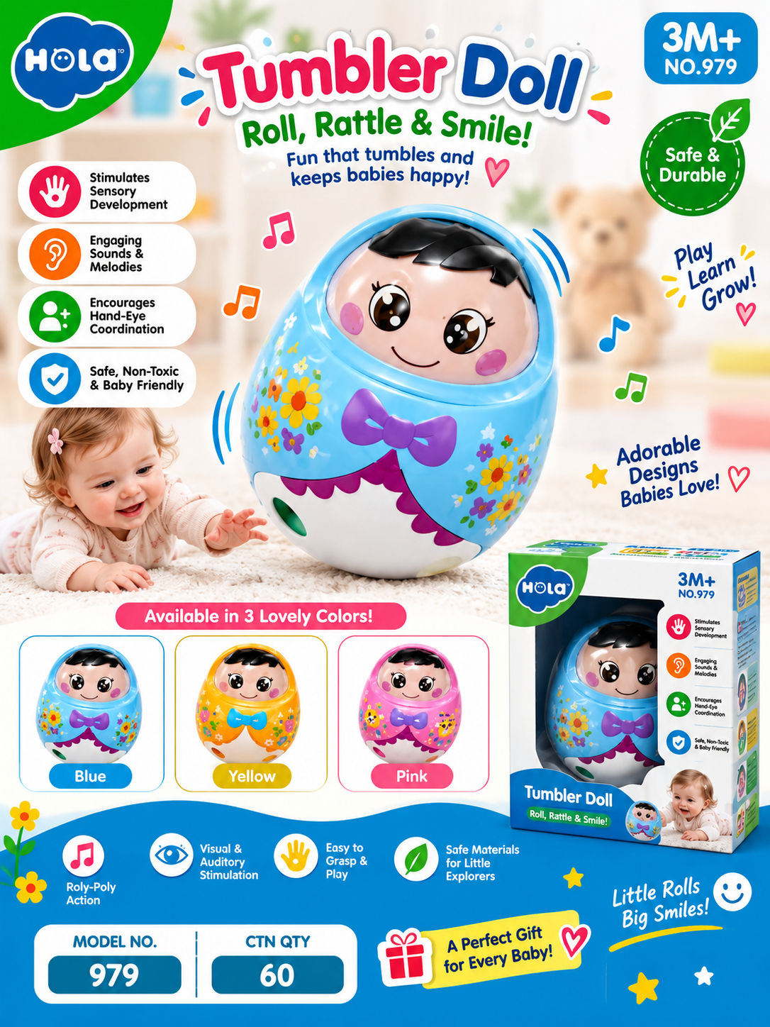 Hola Tumbler Doll Baby Toy 3+ Months – Roly-Poly Sensory Toy with Sounds