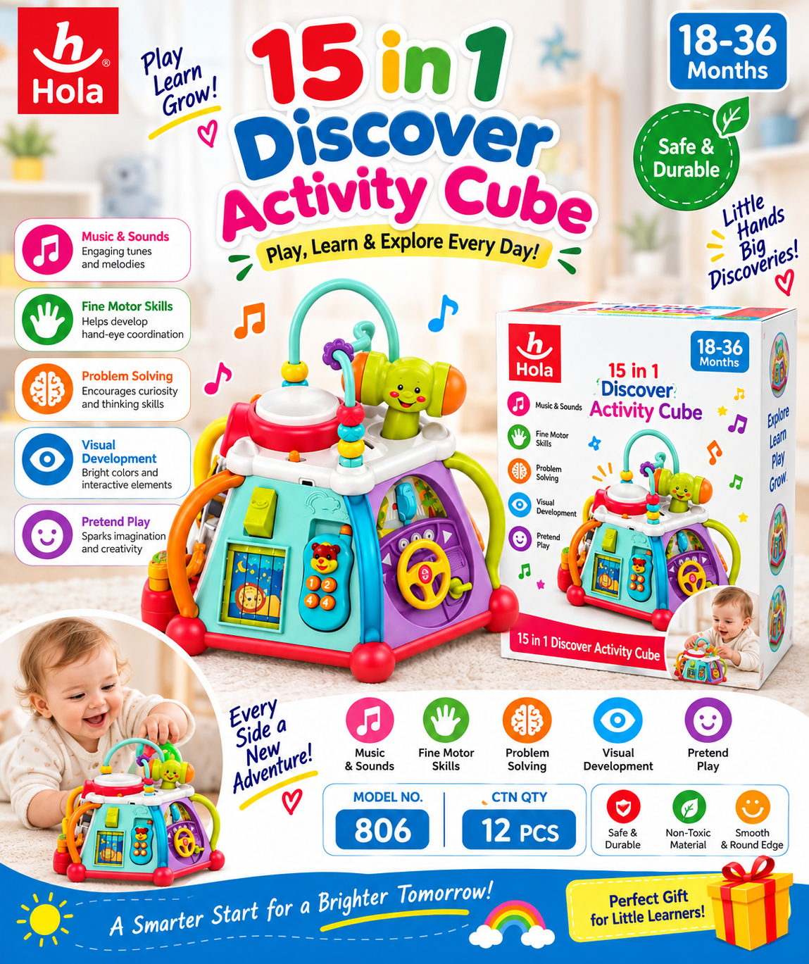 Hola 15-in-1 Discover Activity Cube Educational Learning Toy – Interactive Activity Center 18–36 Months