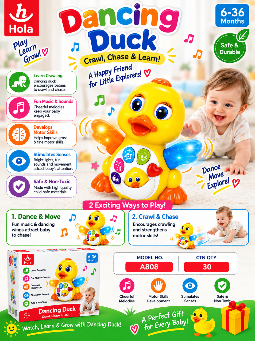 Hola Dancing Duck Baby Toy 6–36 Months – Interactive Crawl & Chase Learning Toy