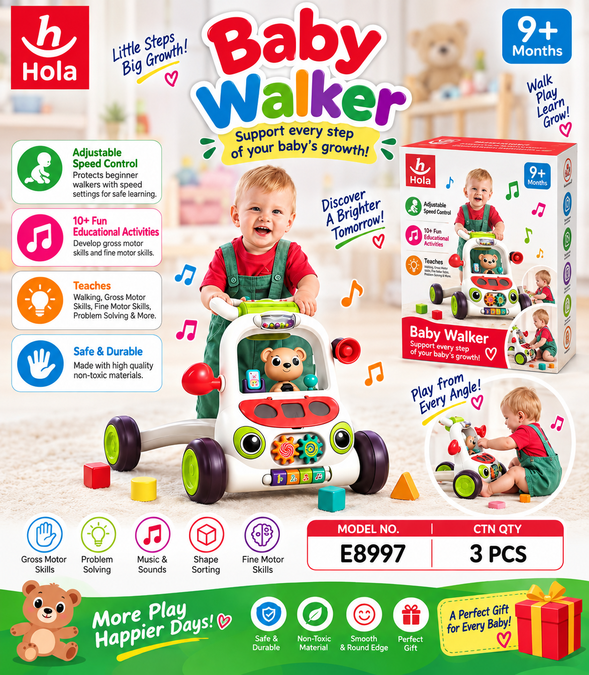 Hola Baby Walker for 9+ Months – Adjustable Speed Learning & Push Toy