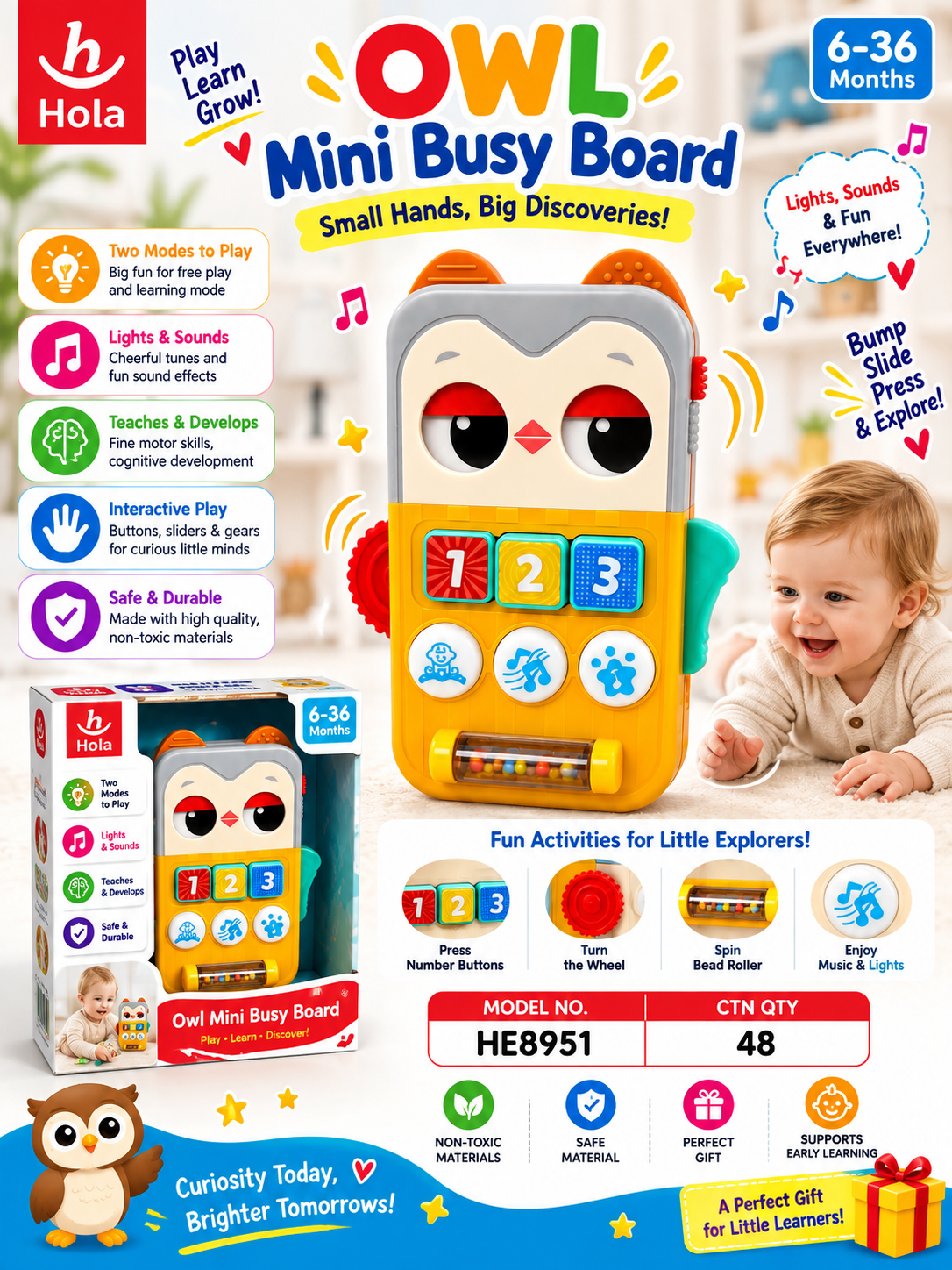 Hola Owl Mini Busy Board for Babies 6–36 Months – Interactive Learning Toy