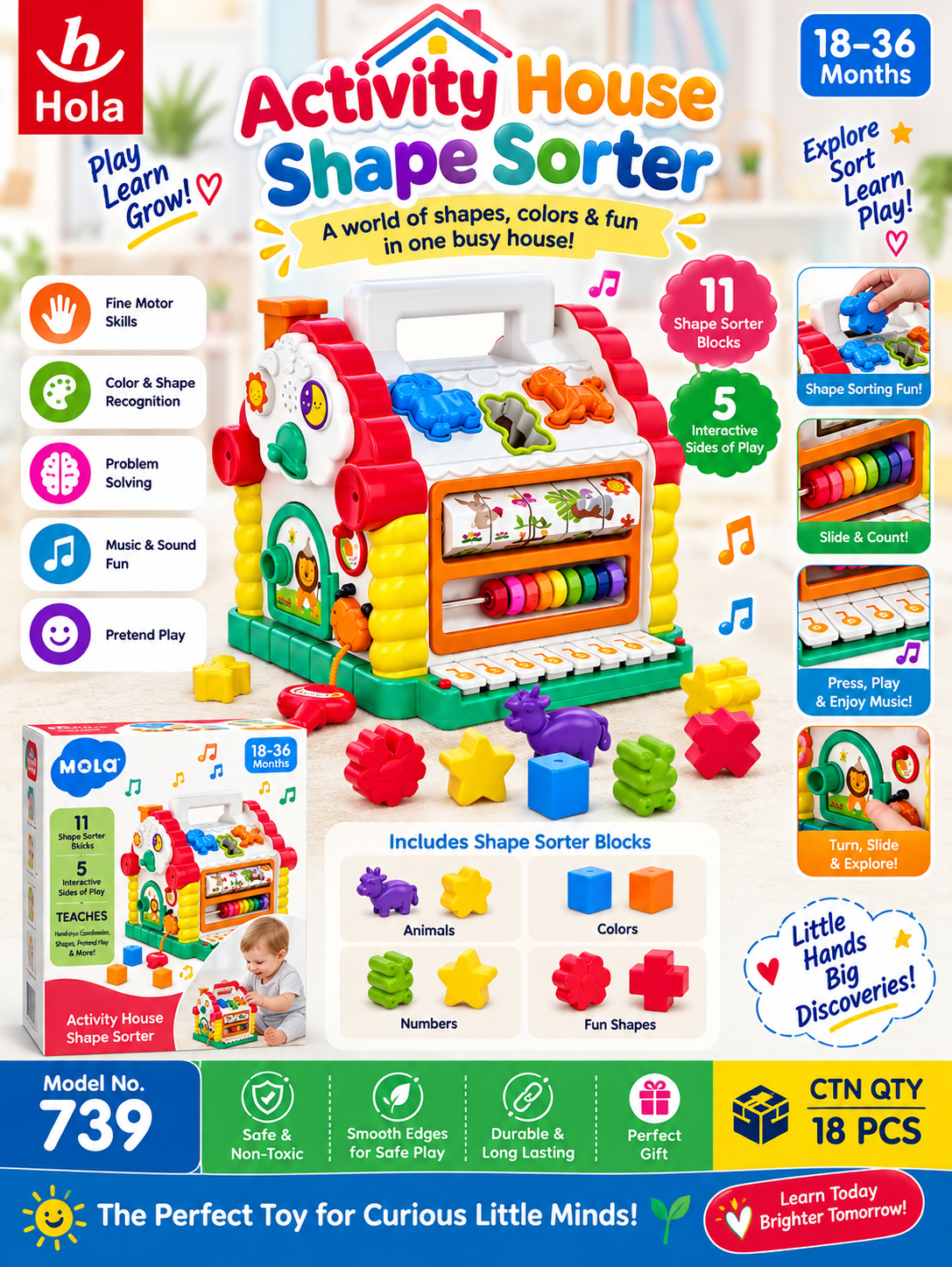 Hola Activity House Shape Sorter 11 Blocks – Educational Toy 18–36 Months