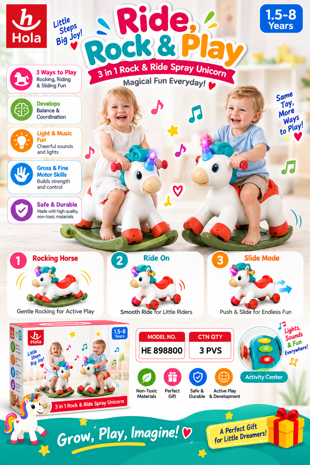 Hola 3-in-1 Unicorn Rocking Horse & Ride-On Toy – 1.5–8 Years