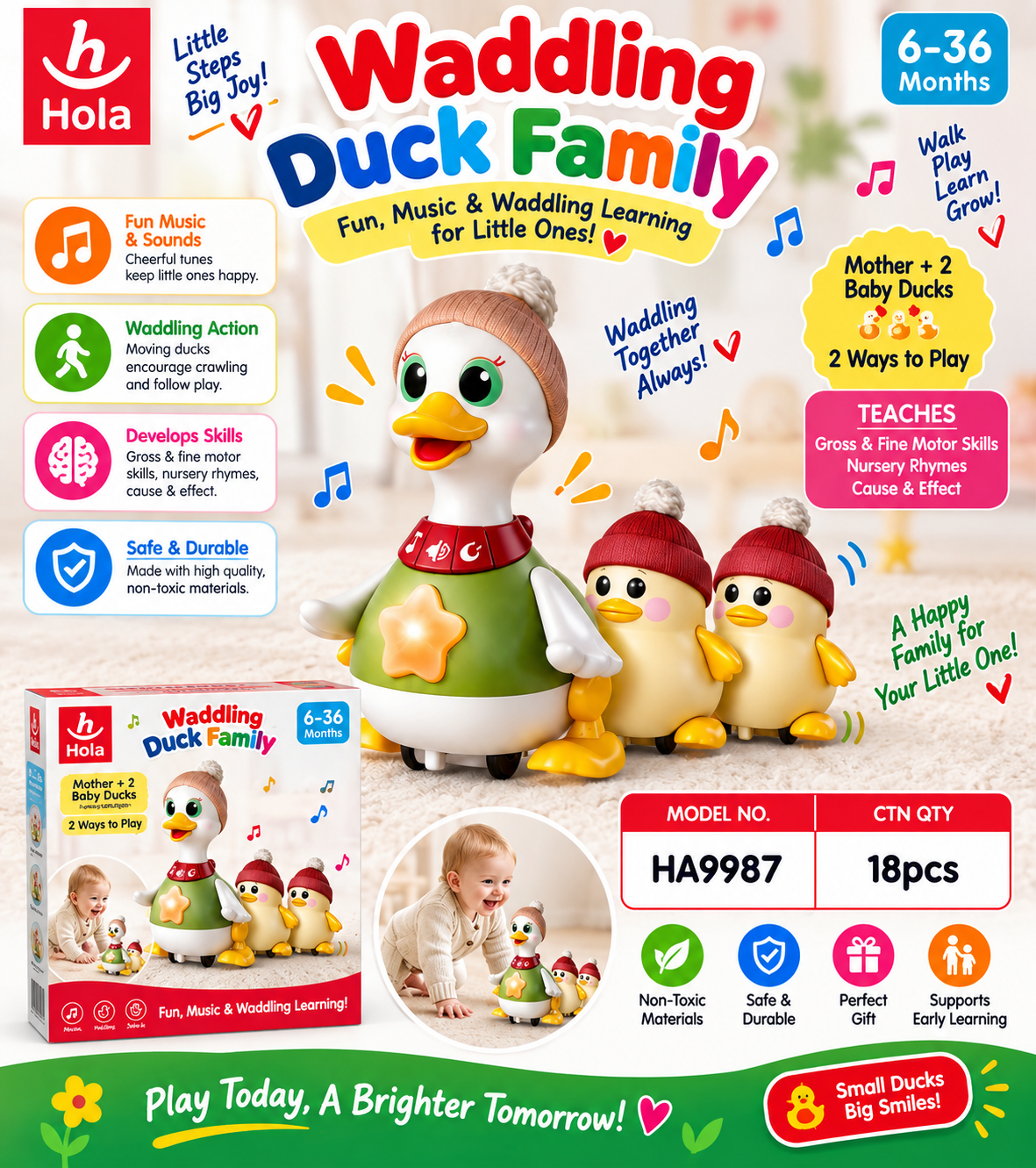 Hola Waddling Duck Family Mother & 2 Baby Ducks – Music & Sounds Toy