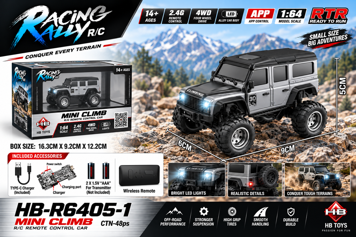 Racing Rally Mini Climb 1:64 2WD RC Off-Road Car – HB-R6405-1, 2.4GHz APP Control, RTR