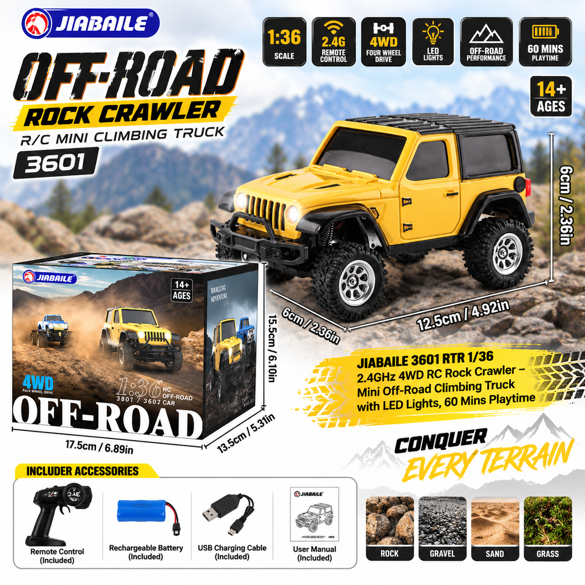 JIABAILE 3601 1:36 2WD RC Rock Crawler – 2.4GHz Mini Off-Road Climbing Car, LED Lights, RTR