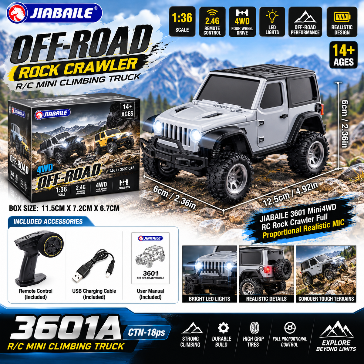 JIABAILE 3601A 1:36 2WD RC Rock Crawler – Full Proportional Realistic Jeep-Style Off-Road Car, RTR