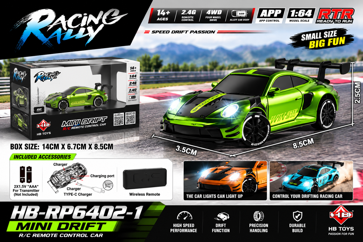 Racing Rally Mini Drift 1:64 2WD RC Sports Car – HB-RP6402-1, 2.4GHz APP Control, RTR