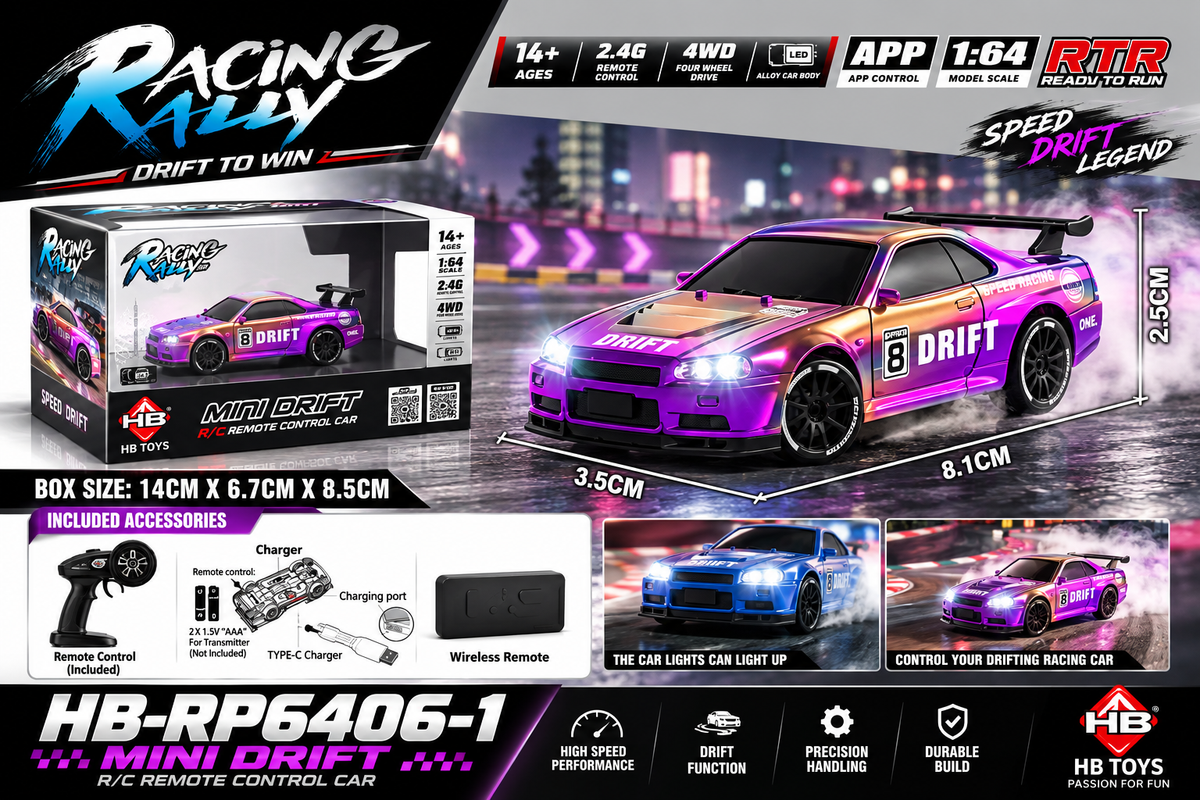 Racing Rally Mini Drift 1:64 2WD RC Sports Car – HB-RP6406-1, 2.4GHz APP Control, RTR