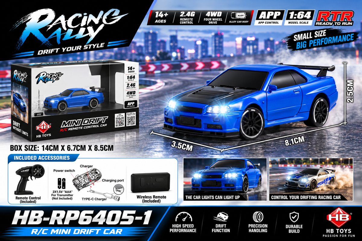 Racing Rally Mini Drift 1:64 2WD RC Sports Car – HB-RP6405-1, 2.4GHz APP Control, RTR