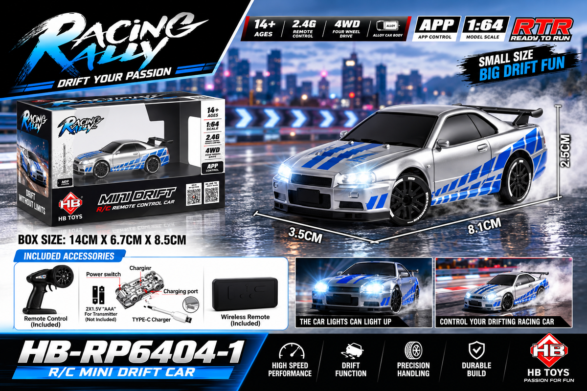 Racing Rally Mini Drift 1:64 2WD RC Sports Car – HB-RP6404-1, 2.4GHz APP Control, RTR