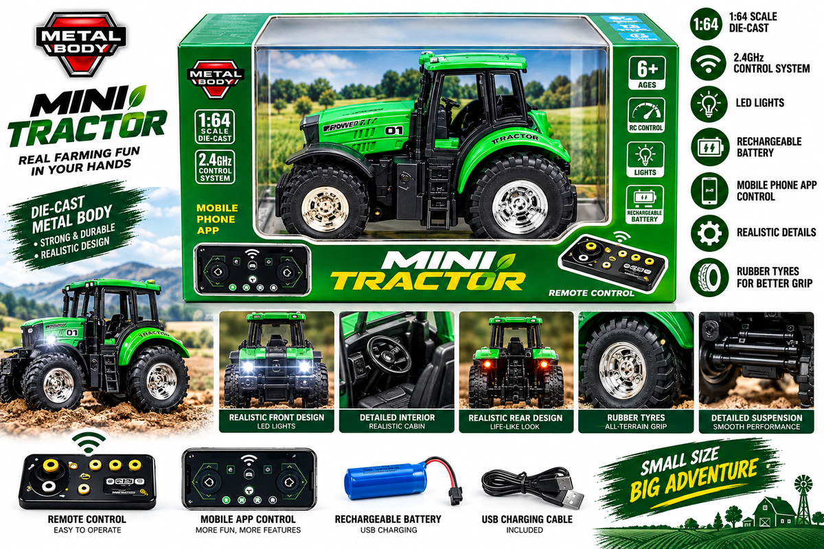 Metal Body Mini Tractor 1:64 RC Farm Tractor – 2.4GHz Remote & APP Control, LED Lights, Rechargeable