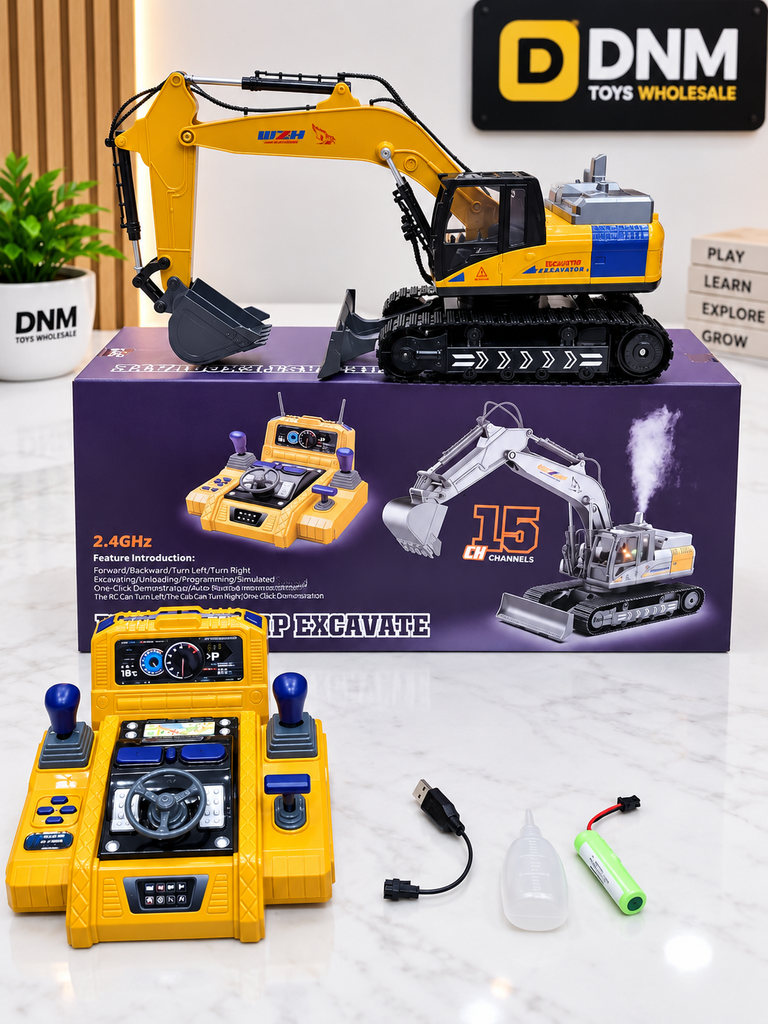 15-Channel 2.4GHz RC Excavator Remote Control Construction Digger with Rechargeable Battery