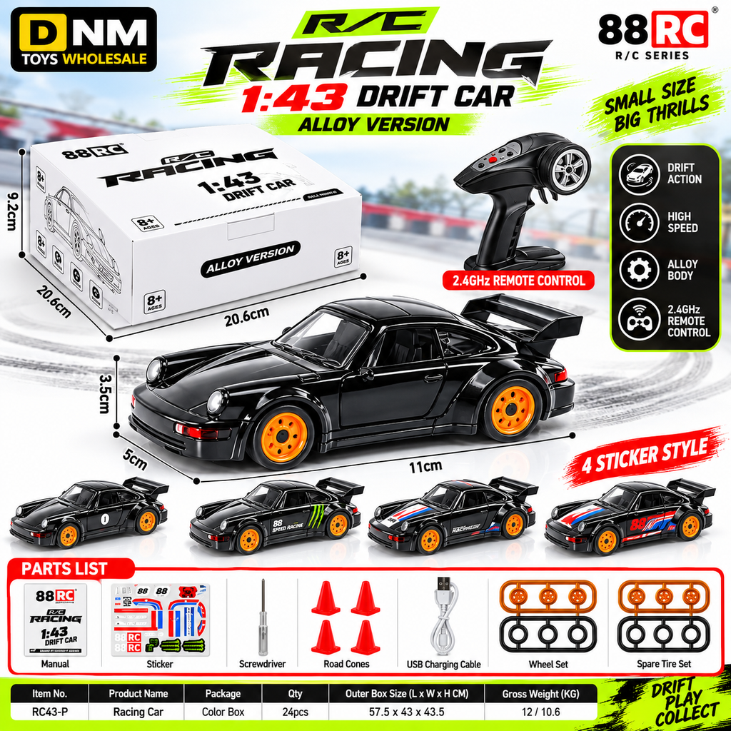 1:43 Alloy RC Drift Racing Car for Kids | 2.4GHz Remote Control Sports Car with Gyro | LED Lights, High Speed Stunt Drift Cars with Controller, Traffic Cones & Sticker Set, Birthday Gift for Boys.