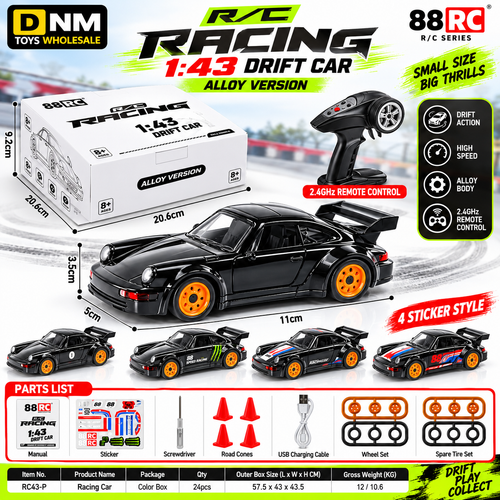 1:43 Alloy RC Drift Racing Car for Kids | 2.4GHz Remote Control Sports Car with Gyro | LED Lights, High Speed Stunt Drift Cars with Controller, Traffic Cones & Sticker Set, Birthday Gift for Boys.