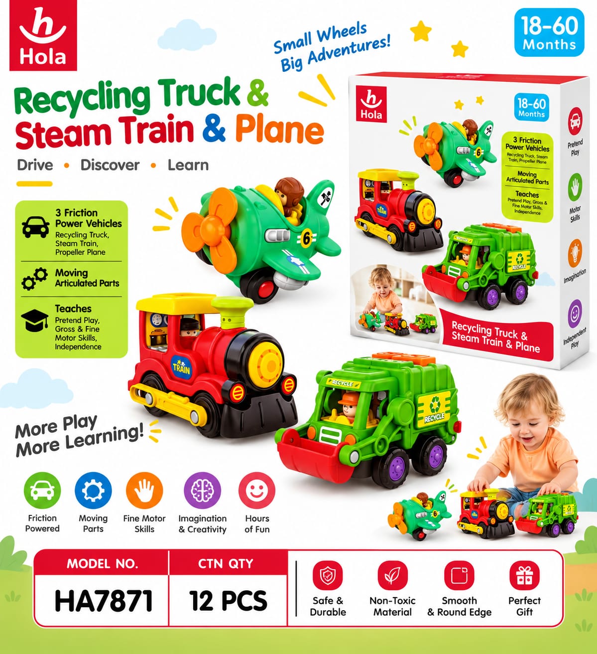 Hola 3-Piece Friction Vehicle Set – Recycling Truck, Train & Plane