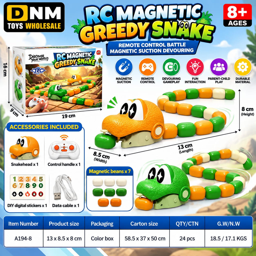 RC Magnetic Snake Toy for Kids – Greedy Snake Remote Control Crawling Toy with 8 Magnetic Segments, Flexible Movement, Light & Sound, Rechargeable Interactive Electronic Animal Toy [multicolor]