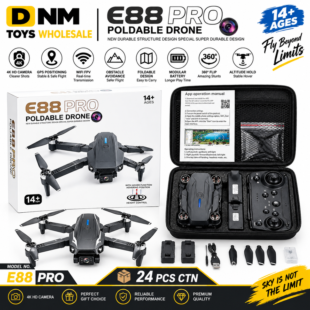 DNM-E88PRO-BRUSHLESS-DRONE - E88 Pro Brushless Foldable Drone with Camera | Height Hold