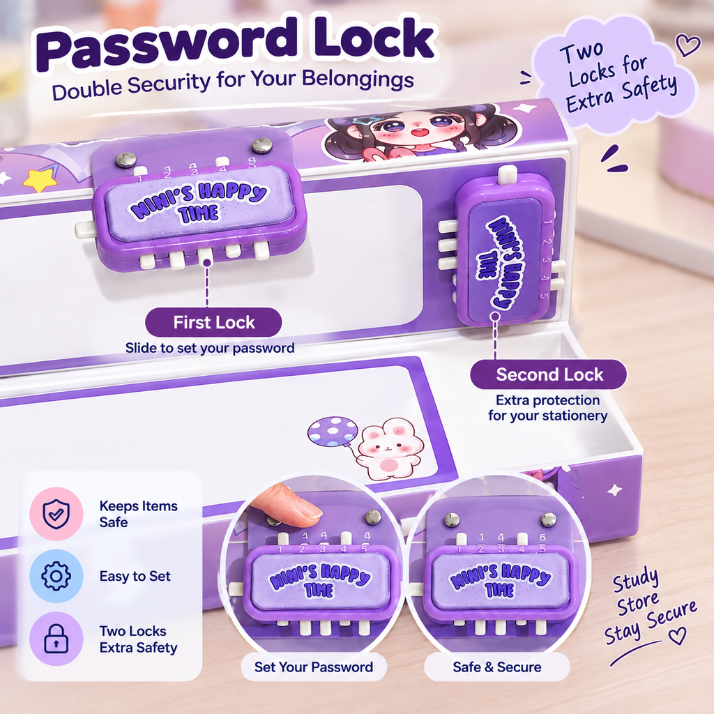 Portable Suitcase Style Pencil Box for Kids with Double Password Lock & Handle | Multi-Layer Large Capacity Stationery Organizer Case