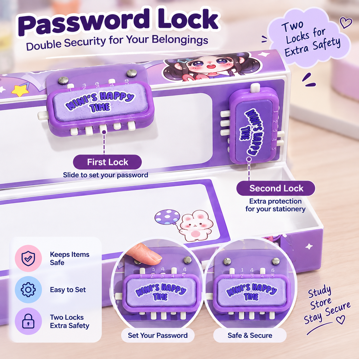 Portable Suitcase Style Pencil Box for Kids with Double Password Lock & Handle | Multi-Layer Large Capacity Stationery Organizer Case