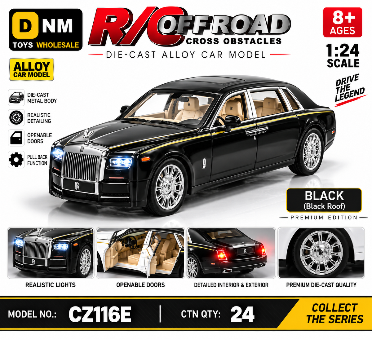 CZ116E-BLK-BR-124 - 1:24 Black Luxury Die-Cast Car Model – Black Roof | Pull Back