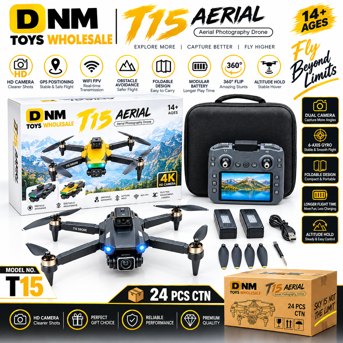 DNM-T15-AERIAL-DRONE - T15 Aerial Camera Drone with HD Camera, WiFi FPV & Obstacle Avoidance