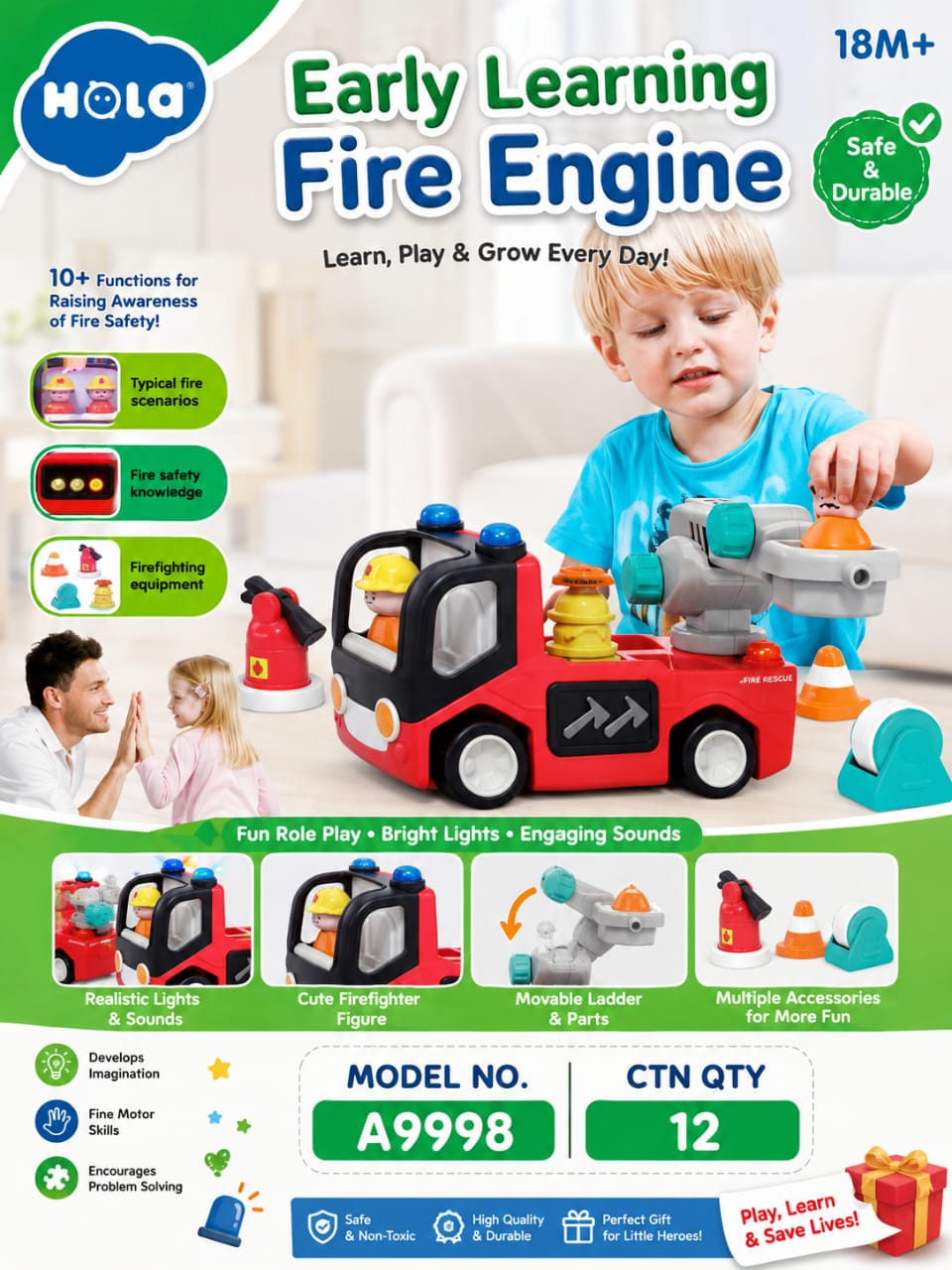 Hola Fire Engine Toy 18 Months+ – Educational Fire Safety Pretend Play Set with Lights & Sounds