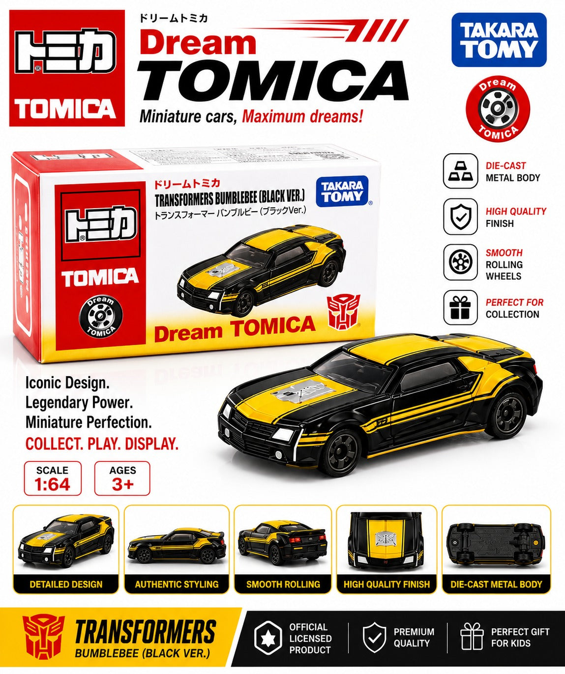 Dream Tomica Transformers Bumblebee Black Ver Diecast Premium Toy Car 1:64 Scale