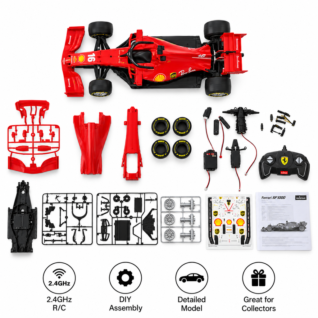 Rastar Ferrari SF1000 1:18 Scale RC Assembly Model Kit | DIY Plastic Formula 1 Racing Car with 2.4GHz Remote Control | Red F1 Model Car for Collection & Display
