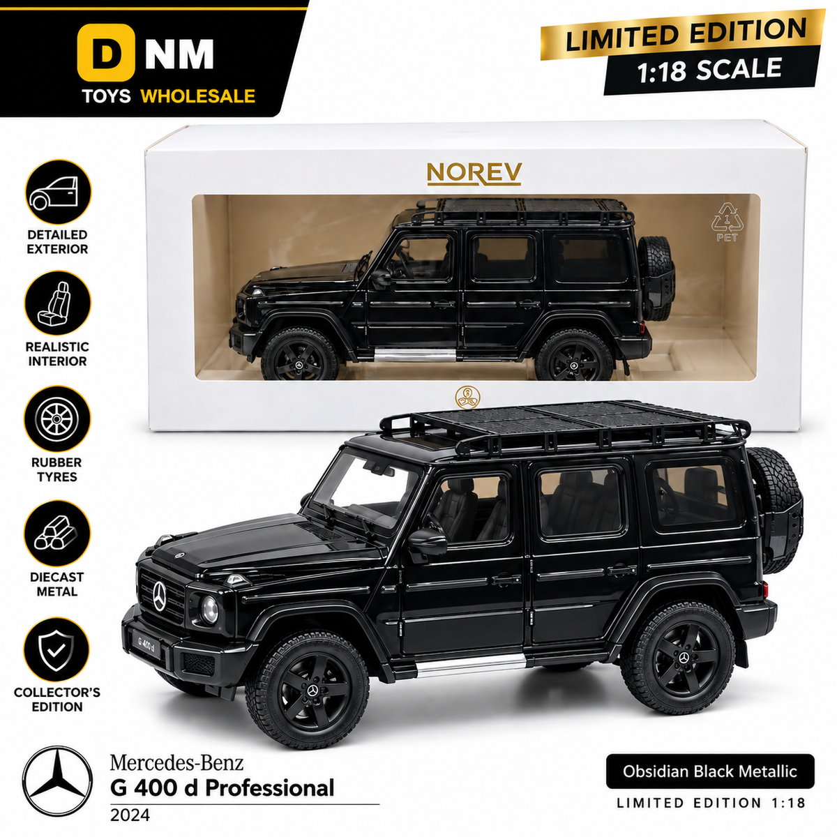 G400D-18BLK - 1:18 Mercedes-Benz G 400 d Professional 2024 Diecast Model Car – Obsidian Black Metallic