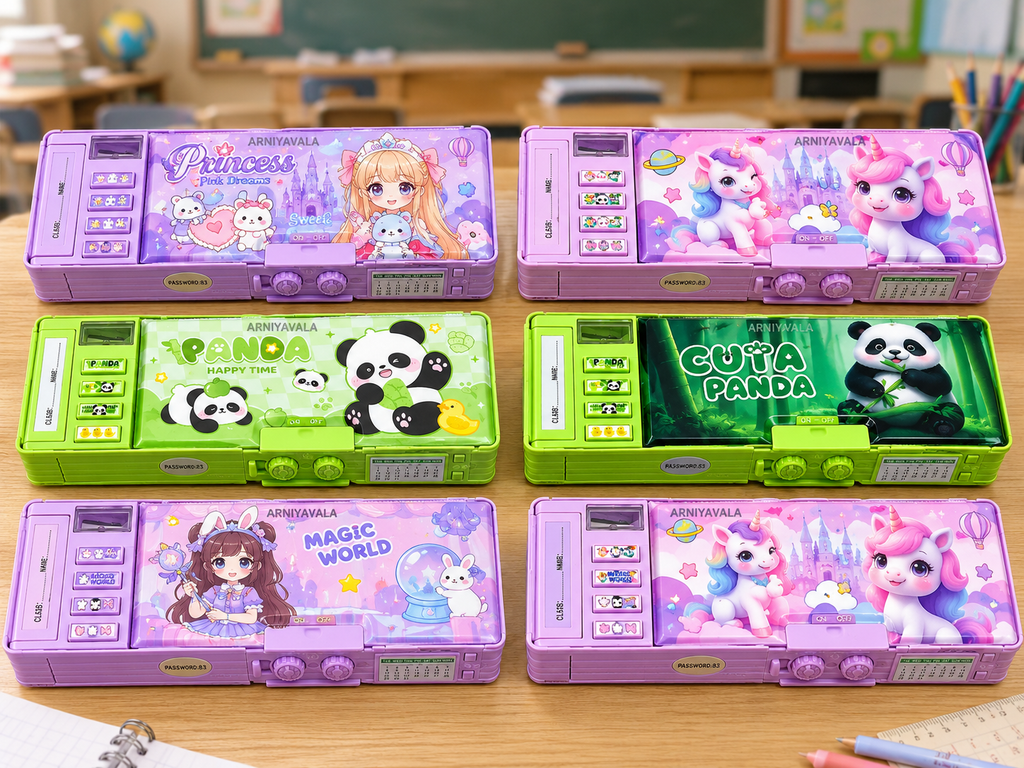 Multifunctional Double Side Pop-Up Pencil Box with 2-Digit Password Lock, Inbuilt Sharpener & Calendar Dial | Smart Compass Box for Kids