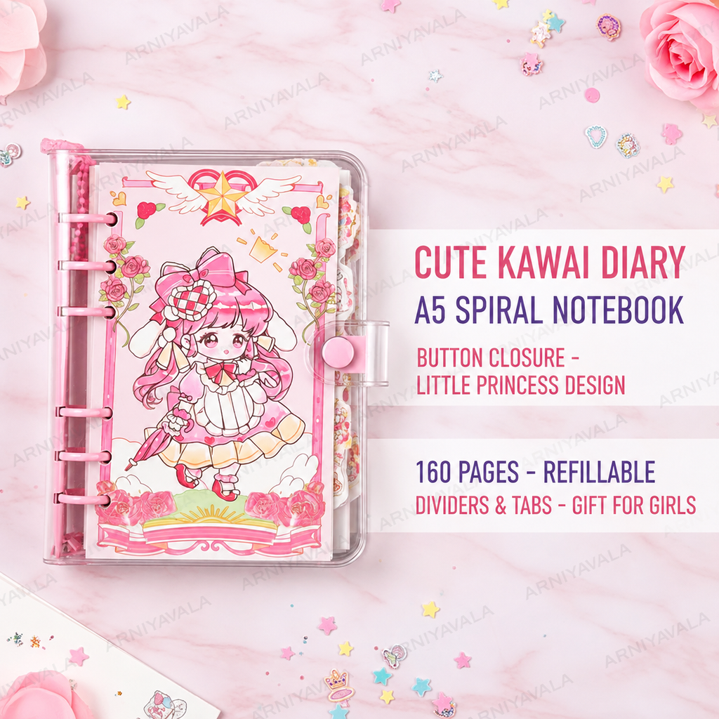Cute Kawaii A5 Spiral Notebook Diary with Button Closure – Little Princess Design Journal with Dividers, Refillable Pages & Tabs