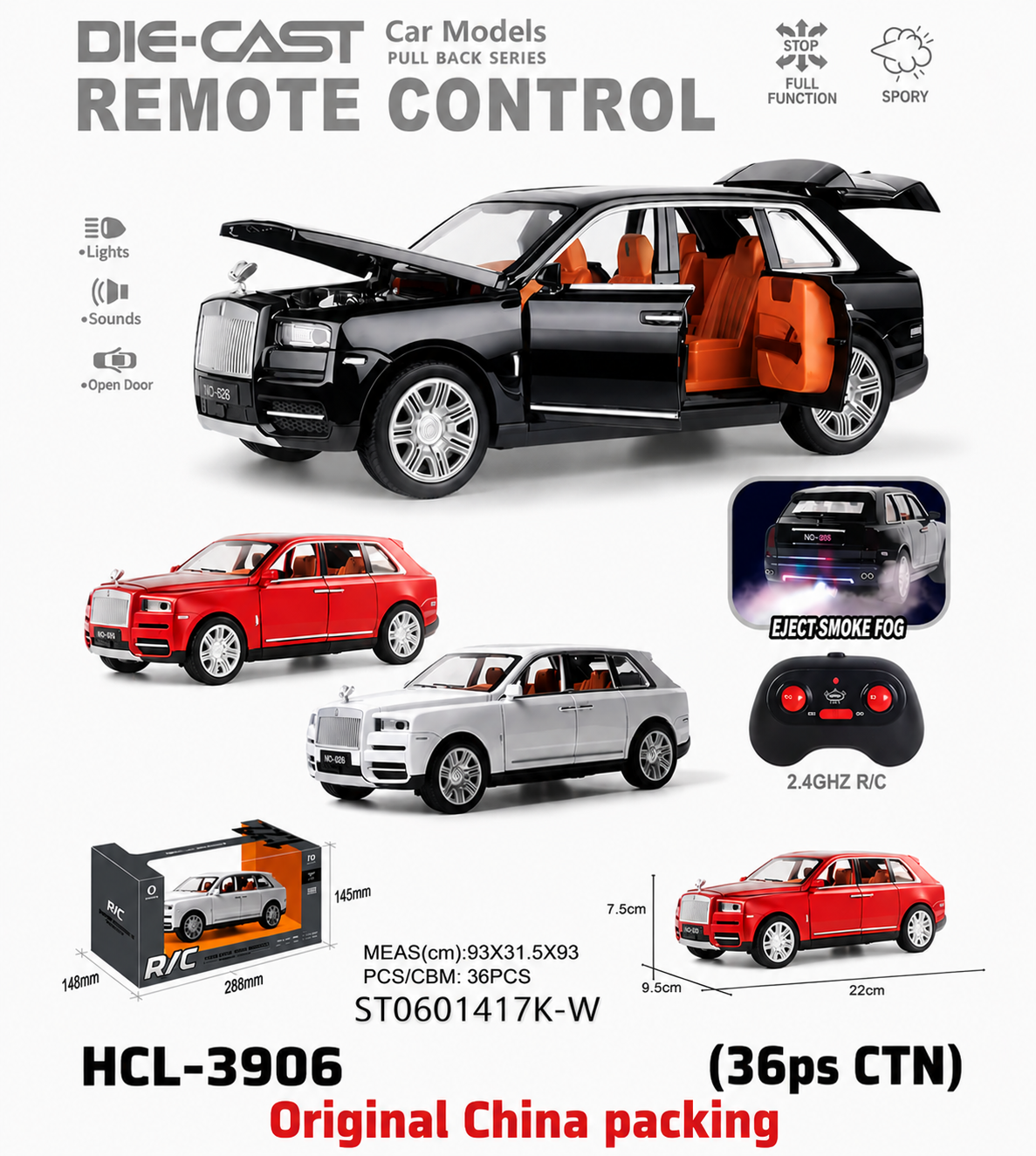 HCL-3906 1:24 Scale Rolls-Royce Cullinan RC SUV – Die-Cast Metal Remote Control Luxury Car with Smoke Fog Effect