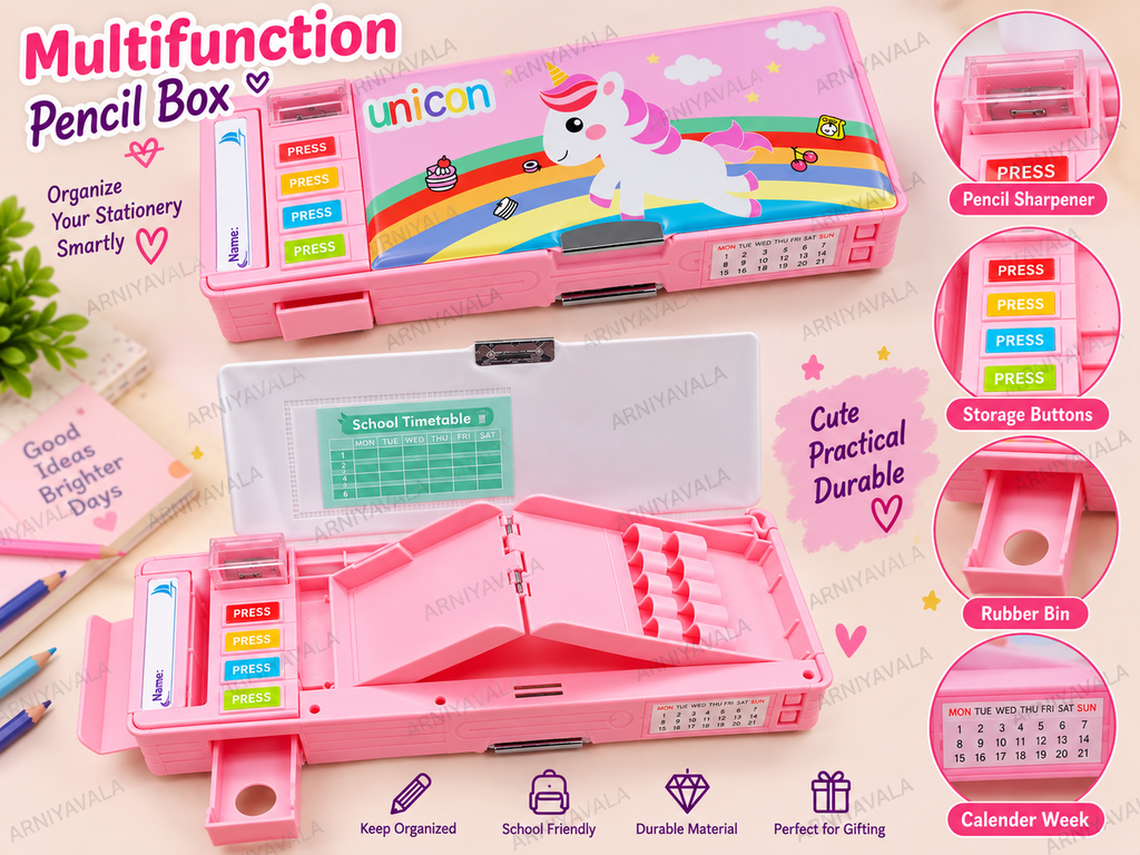 Unicorn Pencil Box for Girls & Kids, Multifunctional Dual-Sided Pencil Case with Magnetic Lock, Built-in Sharpener, Pen & Pencil Holder, Eraser & Stationery Storage, Personalized Name Space