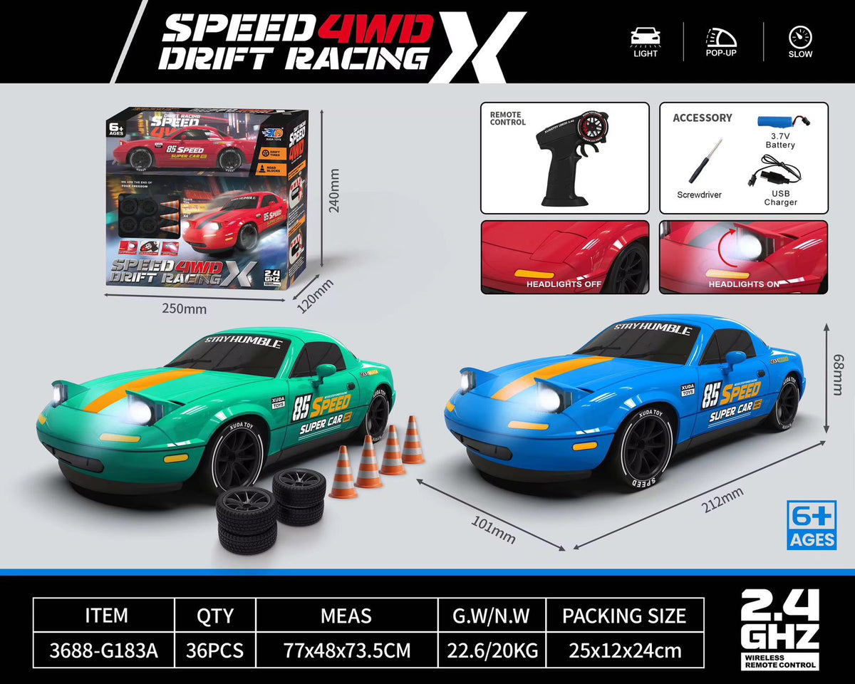 4WD High-Speed Remote Control Drift Car - 2.4GHz RC Racing Toy Car with Pop-Up Lights (Ages 6+)