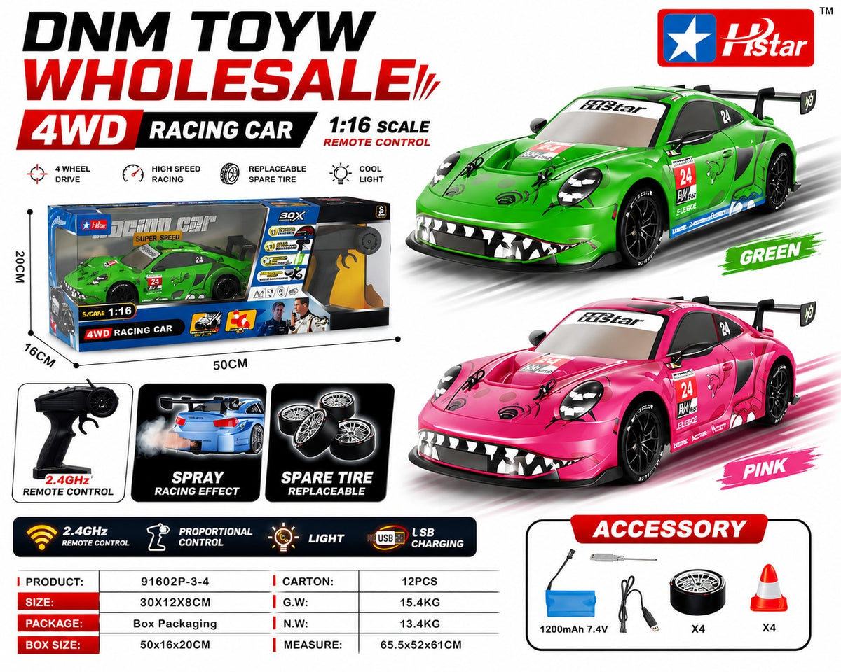 91602P-3-4 1:16 Scale 4WD High-Speed RC Racing Car with Spray Effect & Spare Tires