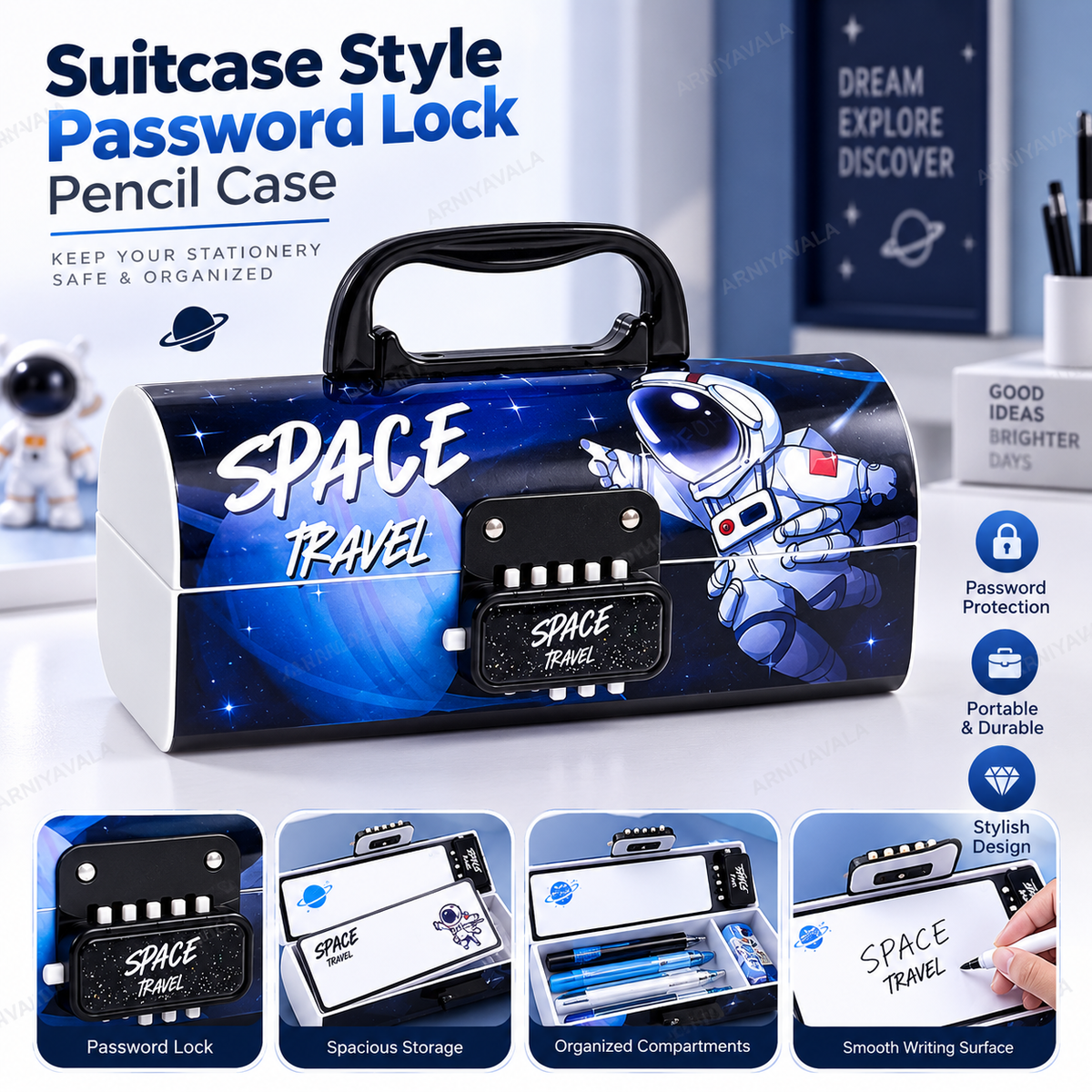 Portable Suitcase Style Pencil Box for Kids with Double Password Lock & Handle | Multi-Layer Large Capacity Stationery Organizer Case