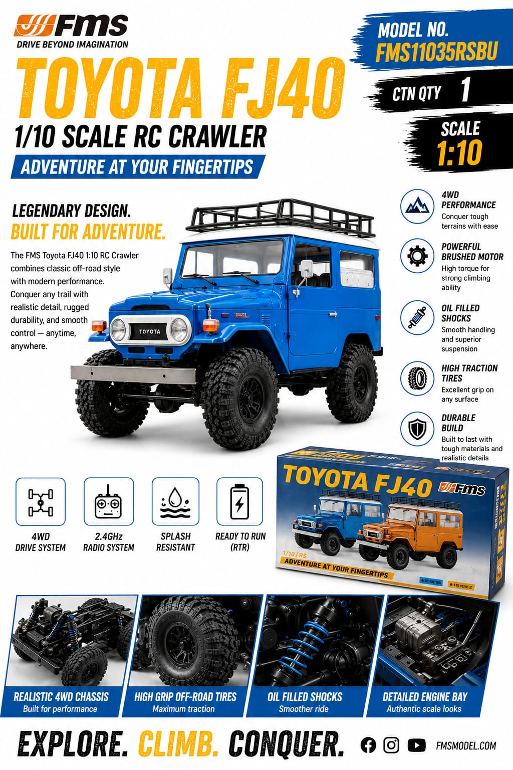 FMS Toyota FJ40 1:10 Scale 4WD RC Crawler – Officially Licensed Toyota