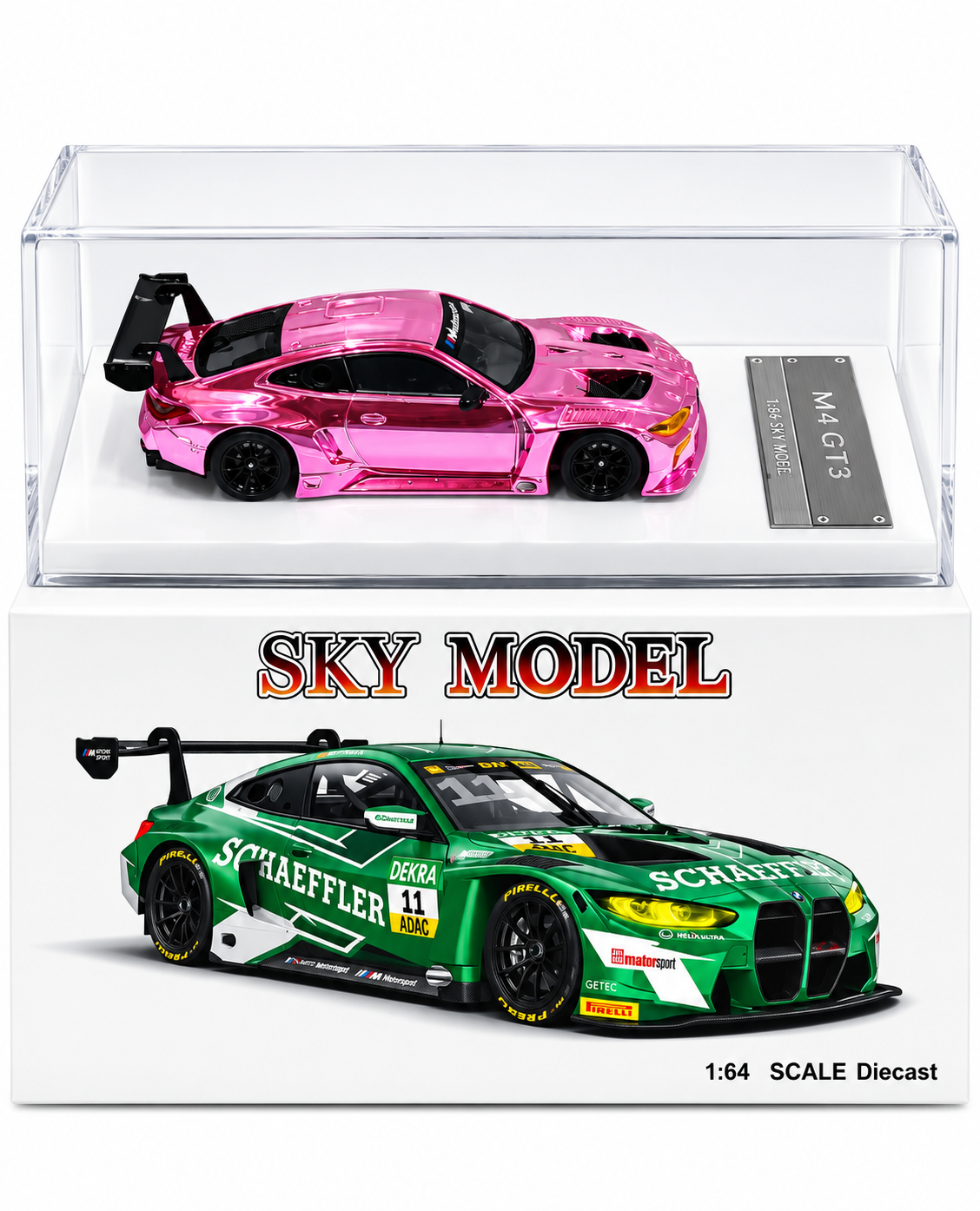 SKY-BMWM4GT3-164-PNK = SKY Model BMW M4 GT3 1:64 Diecast Model Car – Metallic Pink with Display Case
