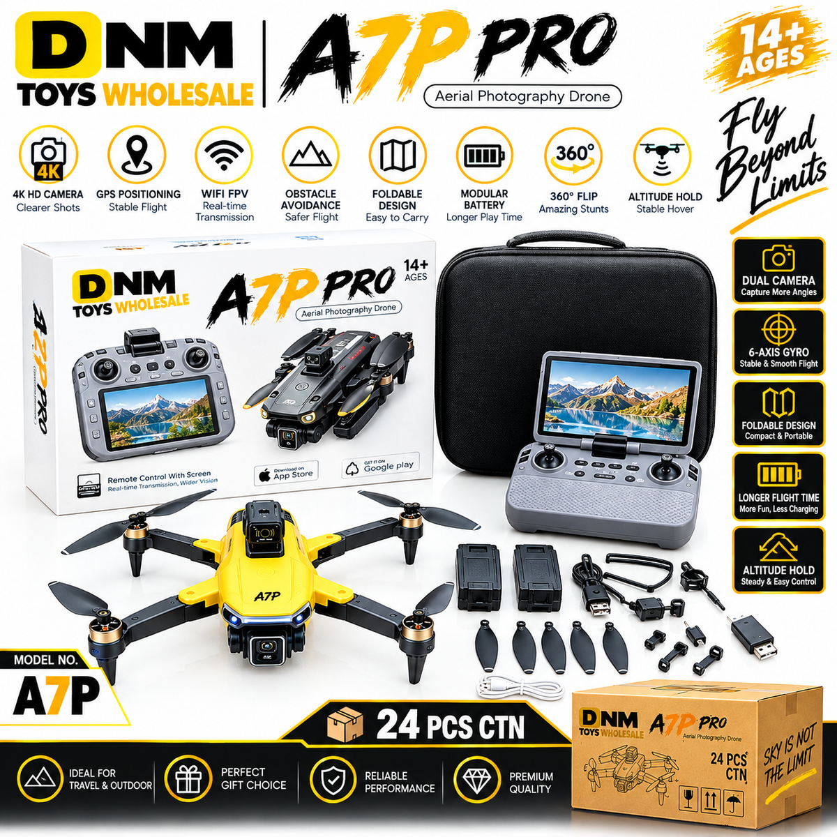 DNM-A7P-PRO-4K-GPS A7P Pro 4K HD Camera GPS Drone with Obstacle Avoidance, WiFi FPV, Altitude Hold, 360° Flip, Foldable Design & Remote Control with Screen