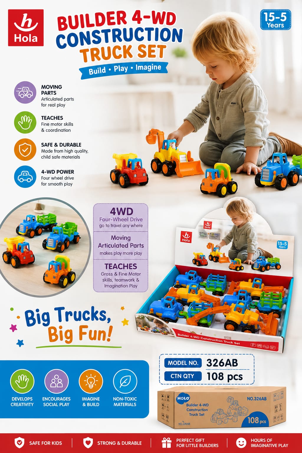 Hola 4WD Construction Truck Toy Set 15 Months–5 Years – Assorted Builder Vehicles with Articulated Moving Parts