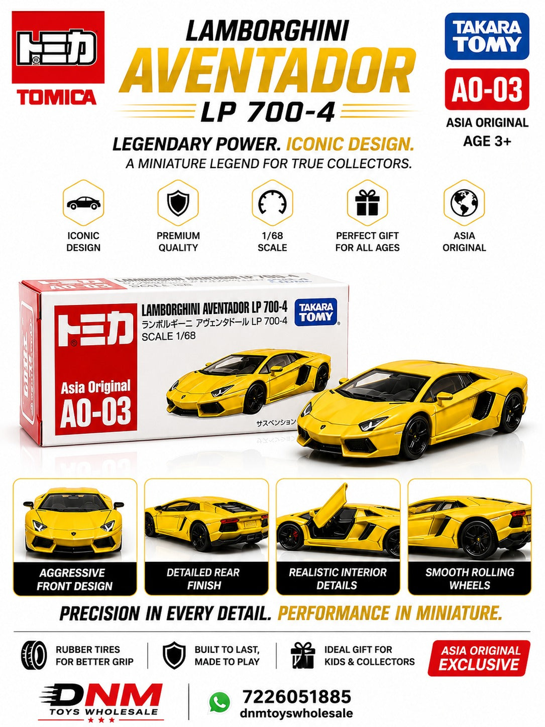 Tomica AO-03 Lamborghini Aventador LP 700-4 Diecast Premium Toy Car 1:68 Scale