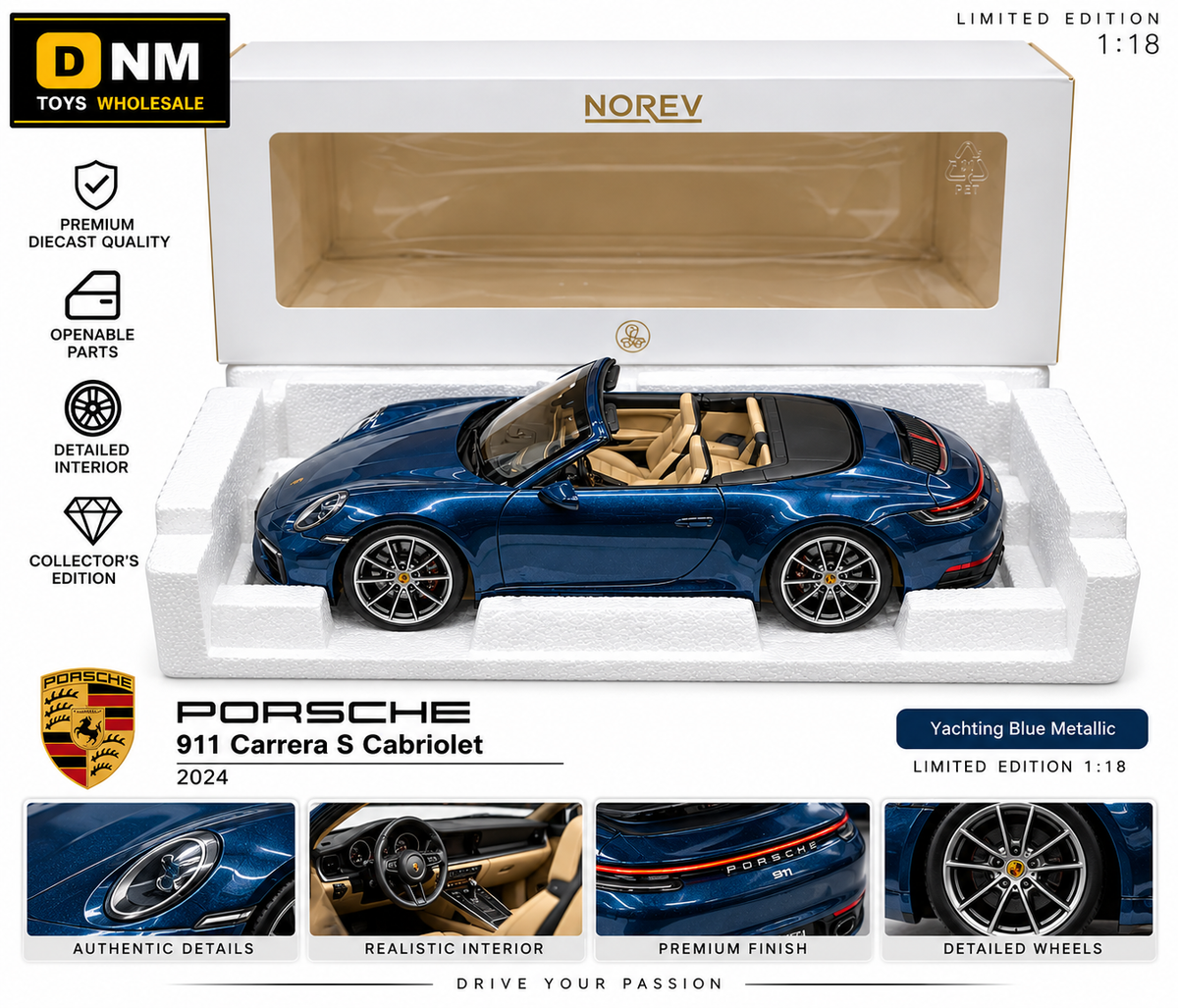 P911CS18-YBM - Porsche 911 Carrera S Cabriolet Yachting Blue Metallic 1:18 Scale Model Car