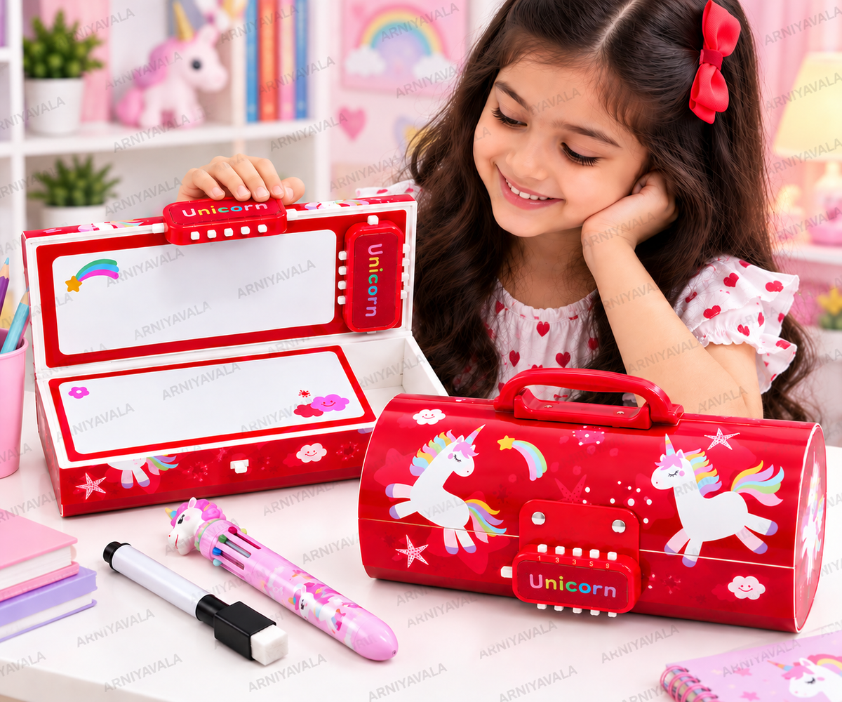 Portable Suitcase Style Pencil Box for Kids with Double Password Lock & Handle | Multi-Layer Large Capacity Stationery Organizer Case