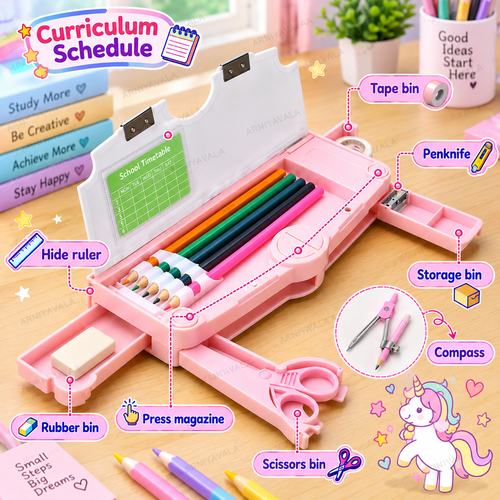Unicorn Pencil Box for Girls & Kids, Dual-Sided Multifunctional Pop Up Pencil Case with Magnetic Lock, Built-in Sharpener, Scissor & Eraser Compartments, Pen & Pencil Holder