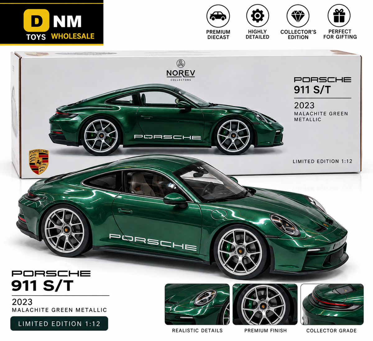 NOREV-911ST-112-GRN - Norev Porsche 911 S/T 2023 1:12 Scale Model Car – Malachite Green Metallic Limited Edition