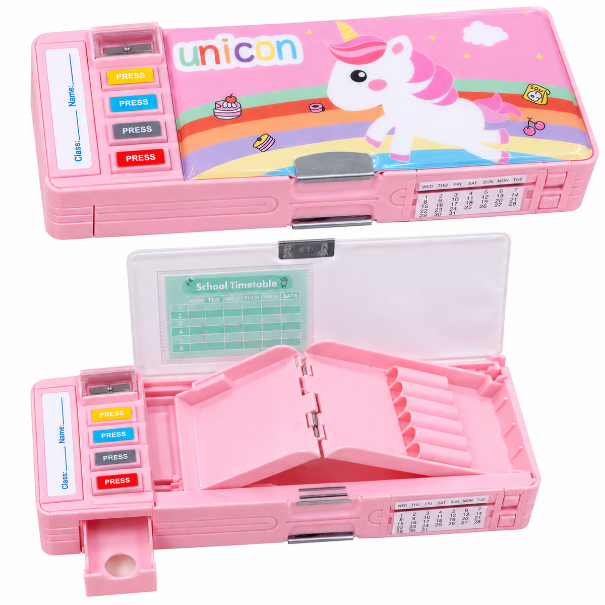 Unicorn Pencil Box for Girls & Kids, Multifunctional Dual-Sided Pencil Case with Magnetic Lock, Built-in Sharpener, Pen & Pencil Holder, Eraser & Stationery Storage, Personalized Name Space
