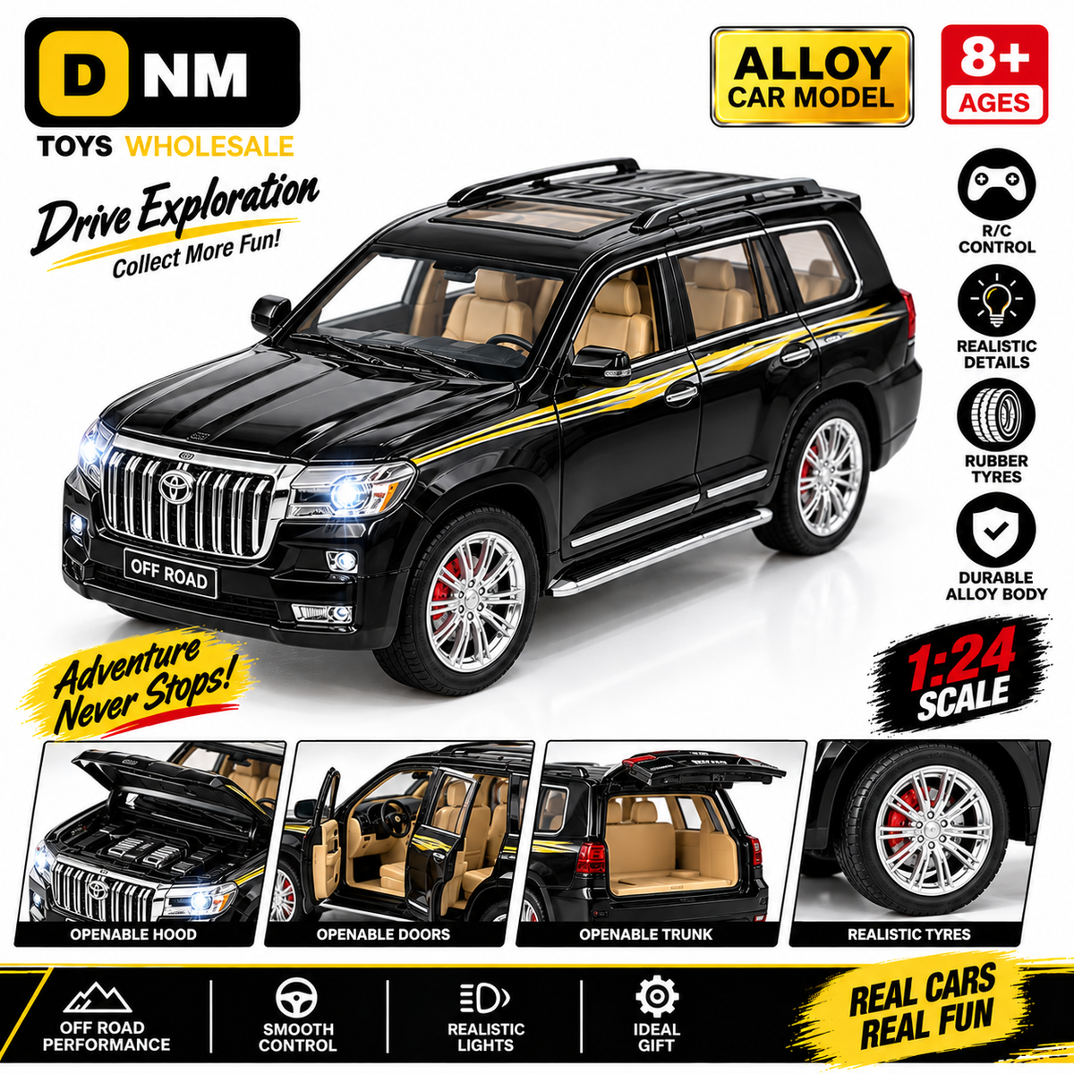 CZ123E-BLK-124 - 1:24 Black R/C Off Road Alloy SUV Toy Car | Remote Control
