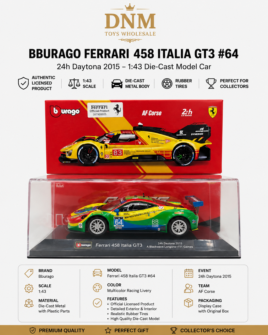 Ferrari 458 Italia GT3 #64, 24h Daytona 2015, Bburago Model Car 1:43